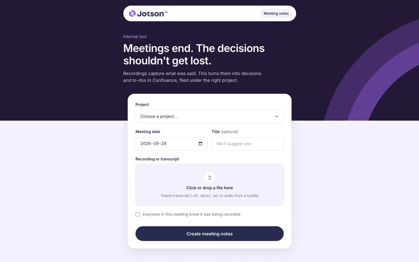 The Jotson meeting notes tool: pick a project, date and recording