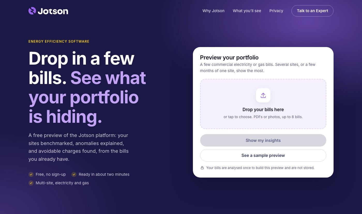 The Jotson Business Bill Check landing page