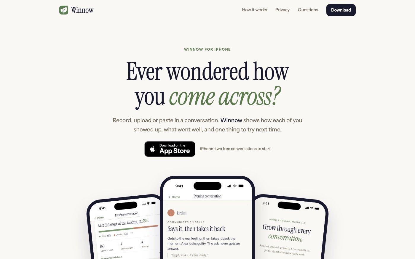 The Winnow website: Ever wondered how you come across?, above three iPhone screens from the app